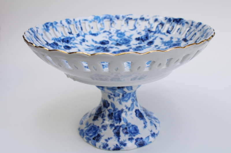 photo of blue floral print chintz china compote lace edge bowl dessert pedestal stand #4