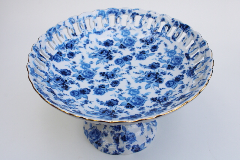 photo of blue floral print chintz china compote lace edge bowl dessert pedestal stand #5