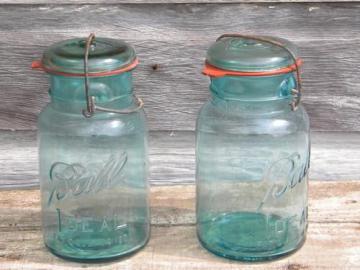 catalog photo of blue glass Ball Ideal storage jars or canisters lightening lids and 1908 patent