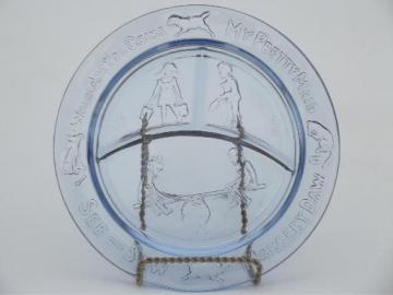 catalog photo of blue glass child's plate, divided dish w/ See-Saw Margery Daw nursery rhyme