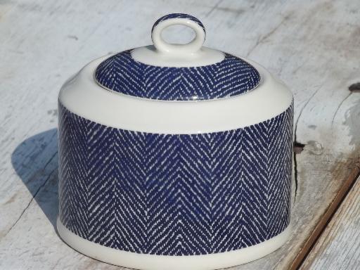 photo of blue herringbone tweed china sugar bowl, vintage Royal Stafford England #1