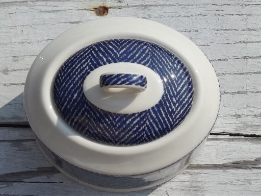 photo of blue herringbone tweed china sugar bowl, vintage Royal Stafford England #3