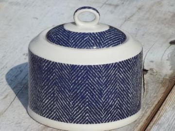 catalog photo of blue herringbone tweed china sugar bowl, vintage Royal Stafford England