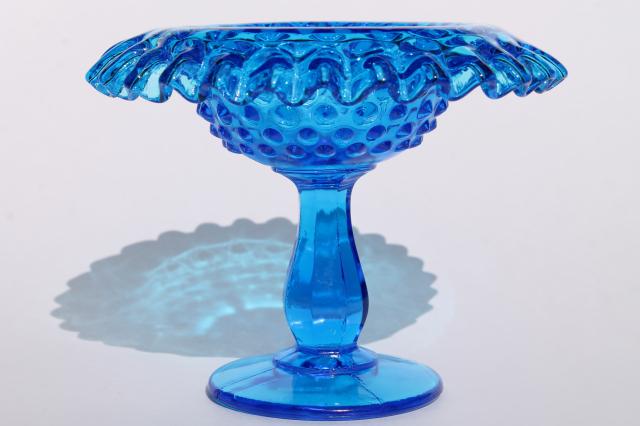 photo of blue hobnail Fenton glass crimped compote bowl candy dish, 60s 70s vintage #1