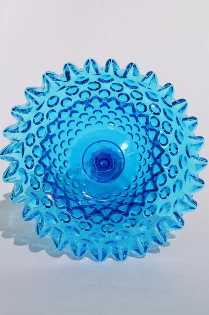 photo of blue hobnail Fenton glass crimped compote bowl candy dish, 60s 70s vintage #2