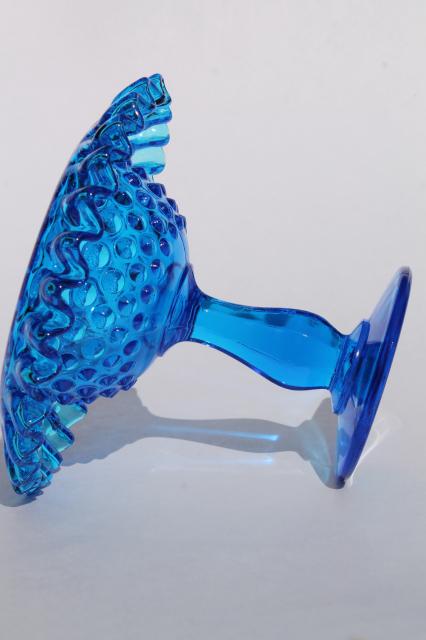 photo of blue hobnail Fenton glass crimped compote bowl candy dish, 60s 70s vintage #3