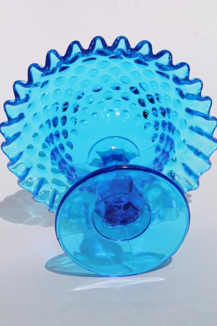 photo of blue hobnail Fenton glass crimped compote bowl candy dish, 60s 70s vintage #4