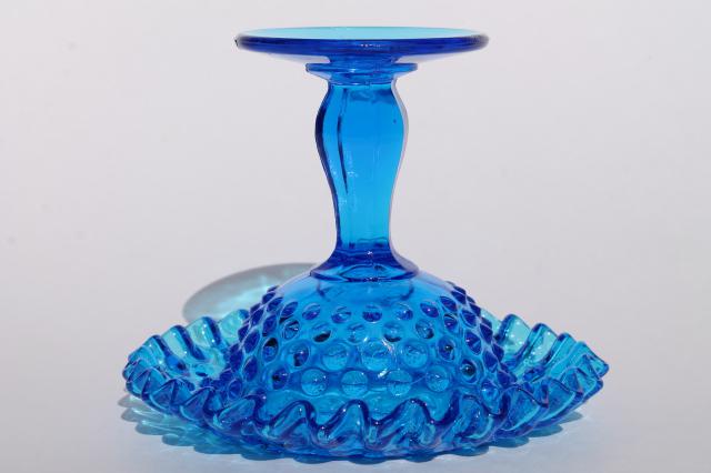 photo of blue hobnail Fenton glass crimped compote bowl candy dish, 60s 70s vintage #5