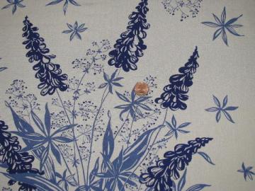 catalog photo of blue lupines or larkspur floral print, 50s-60s vintage rayon fabric