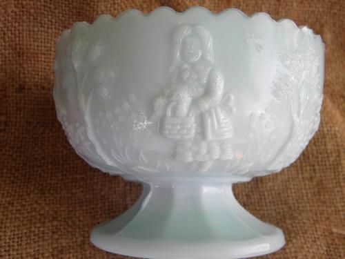 photo of blue milk glass bowl, little red riding hood fairy tale story pattern #2