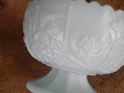 photo of blue milk glass bowl, little red riding hood fairy tale story pattern #4