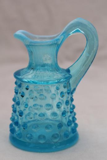 photo of blue opalescent glass cruet bottle, vintage Fenton hobnail glass tiny pitcher #1