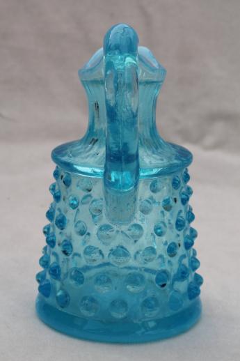 photo of blue opalescent glass cruet bottle, vintage Fenton hobnail glass tiny pitcher #4