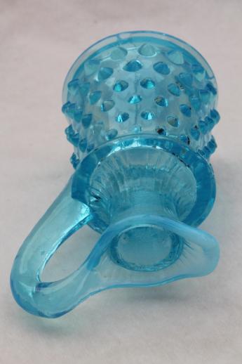 photo of blue opalescent glass cruet bottle, vintage Fenton hobnail glass tiny pitcher #5