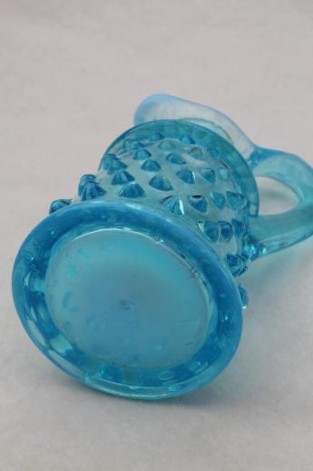 photo of blue opalescent glass cruet bottle, vintage Fenton hobnail glass tiny pitcher #6