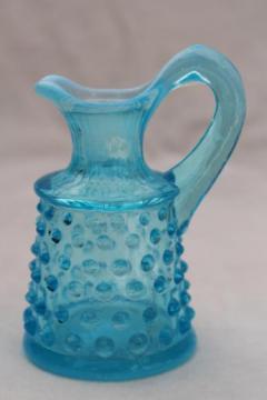 catalog photo of blue opalescent glass cruet bottle, vintage Fenton hobnail glass tiny pitcher