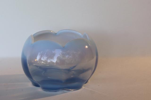 photo of blue opalescent glass flower bowl rose vase, vintage Duncan & Miller Canterbury #1