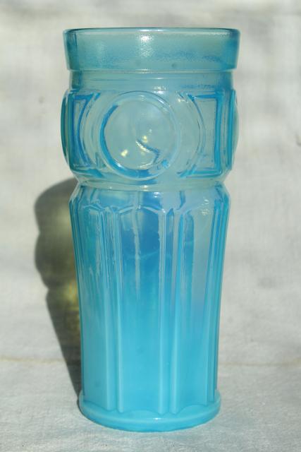 photo of blue opalescent glass tumbler vase, vintage Wheaton bullseye pattern glass #1