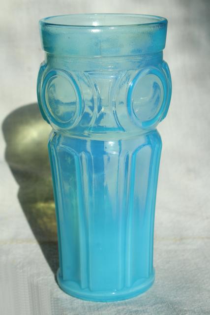 photo of blue opalescent glass tumbler vase, vintage Wheaton bullseye pattern glass #2