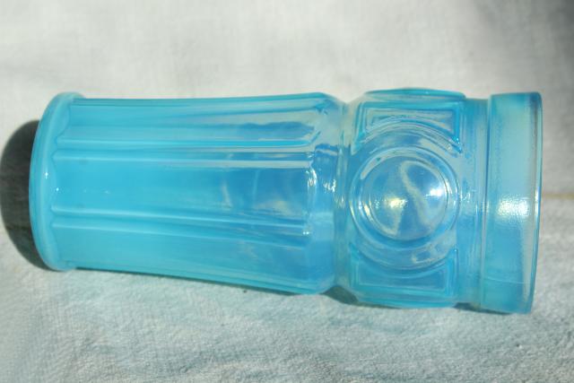 photo of blue opalescent glass tumbler vase, vintage Wheaton bullseye pattern glass #3