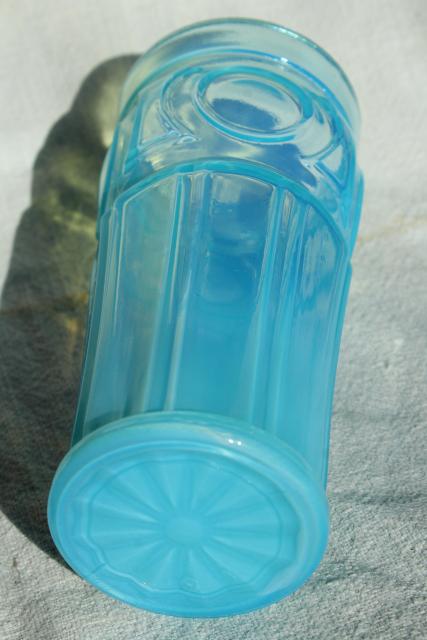 photo of blue opalescent glass tumbler vase, vintage Wheaton bullseye pattern glass #4