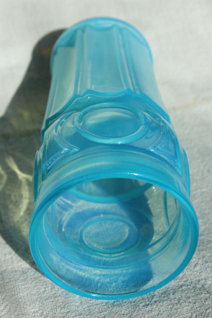 photo of blue opalescent glass tumbler vase, vintage Wheaton bullseye pattern glass #5