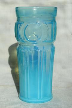 catalog photo of blue opalescent glass tumbler vase, vintage Wheaton bullseye pattern glass