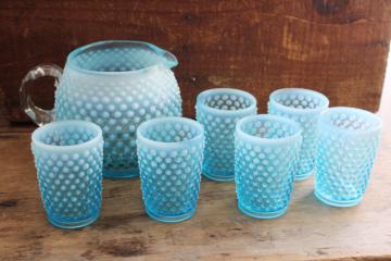catalog photo of blue opalescent hobnail glass pitcher & tumblers, vintage Fenton lemonade set