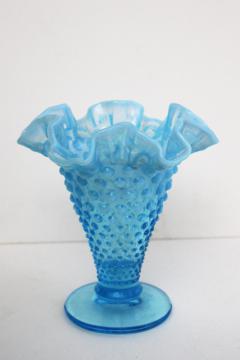 catalog photo of blue opalescent hobnail glass, small flower vase, 1950s vintage Fenton glass