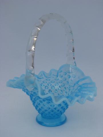 photo of blue opalescent hobnail pattern glass flower basket, vintage Fenton #1