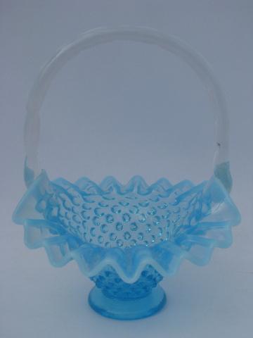 photo of blue opalescent hobnail pattern glass flower basket, vintage Fenton #2