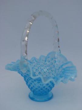 catalog photo of blue opalescent hobnail pattern glass flower basket, vintage Fenton