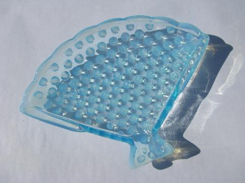 photo of blue opalescent hobnail pattern glass, small fan shape tray, vintage ashtray? #1