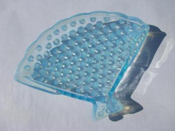 catalog photo of blue opalescent hobnail pattern glass, small fan shape tray, vintage ashtray?