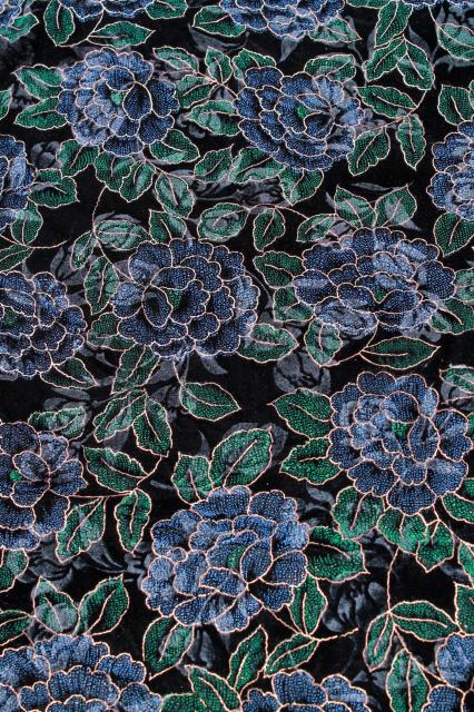 photo of blue roses on black, figured velvet plush fabric w/ painted floral pattern #1