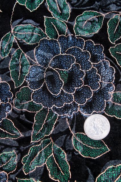 photo of blue roses on black, figured velvet plush fabric w/ painted floral pattern #2