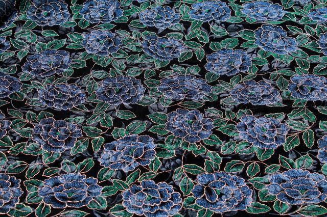 photo of blue roses on black, figured velvet plush fabric w/ painted floral pattern #5