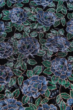 catalog photo of blue roses on black, figured velvet plush fabric w/ painted floral pattern