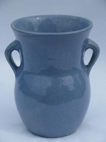 photo of blue salt glazed pottery urn vase w/ handles, old unmarked stoneware #1