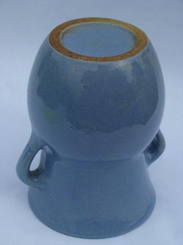 photo of blue salt glazed pottery urn vase w/ handles, old unmarked stoneware #3