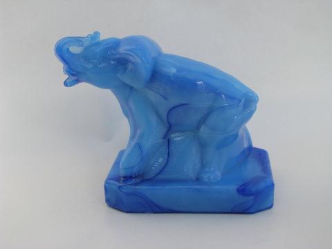 photo of blue slag glass figural paperweight, elephant figure #1