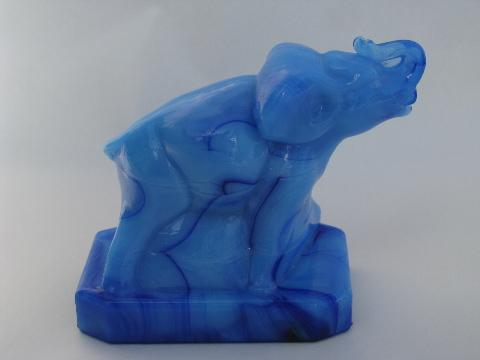 photo of blue slag glass figural paperweight, elephant figure #3