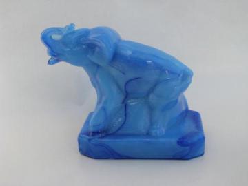 catalog photo of blue slag glass figural paperweight, elephant figure