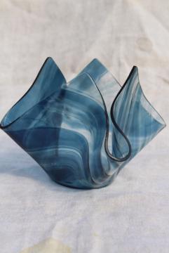 catalog photo of blue slag glass handkerchief vase or bowl, mod vintage folded square bent formed glass