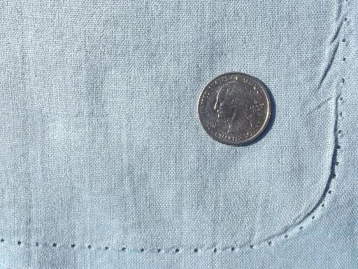 photo of blue solid vintage cotton feedsack fabric, sack w/ original stitching holes #1