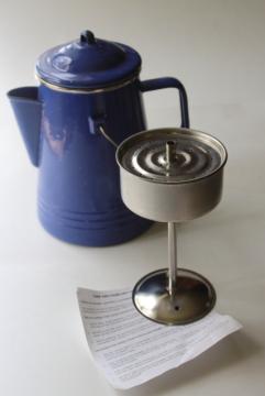catalog photo of blue speckled enamel ware perculator, vintage coffee pot for camp fire or stove top