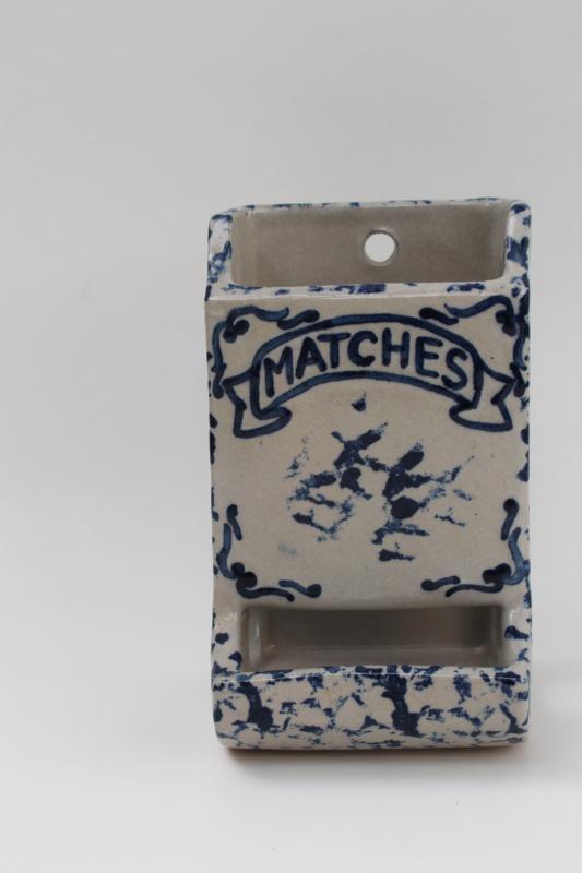 photo of blue spongeware stoneware pottery wall box Matches, vintage match safe #1