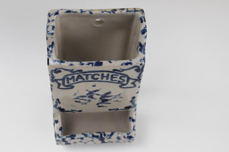 photo of blue spongeware stoneware pottery wall box Matches, vintage match safe #2