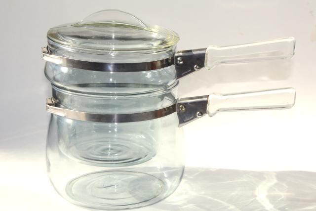 photo of blue tint glass vintage Pyrex flameware double boiler 6763, two part bain marie w/ lid #2