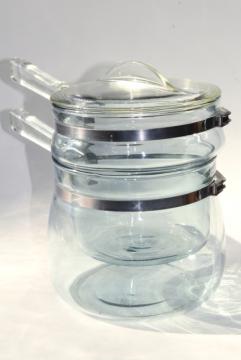 catalog photo of blue tint glass vintage Pyrex flameware double boiler 6763, two part bain marie w/ lid